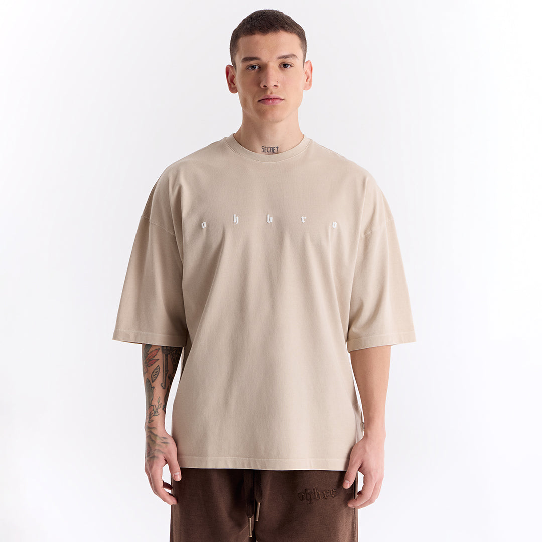 Bej Uzun Logo Super Oversize Tişört