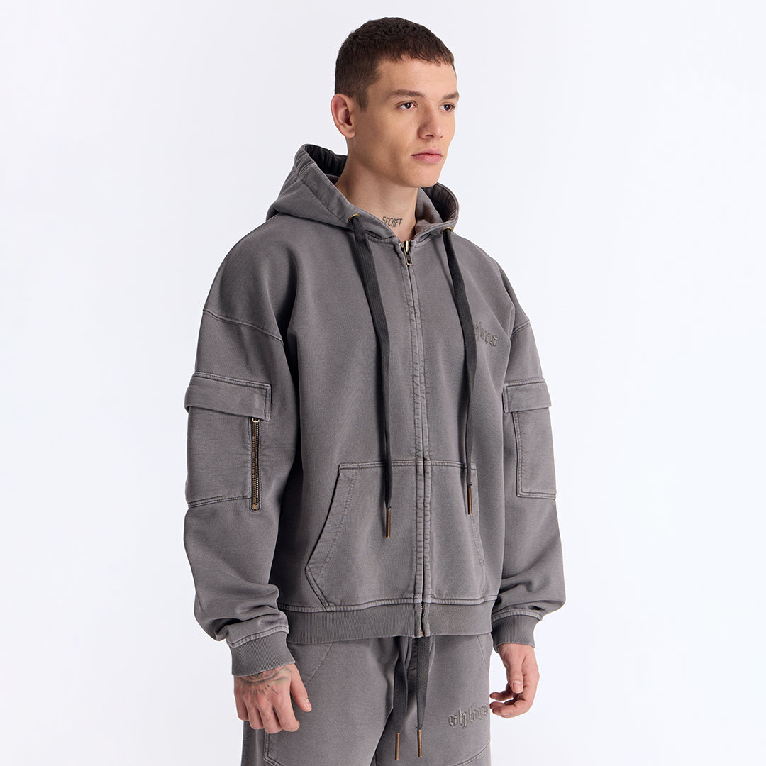 Gri Yıkamalı Kapüşonlu Fermuarlı Oversize Cep Detaylı Sweatshirt