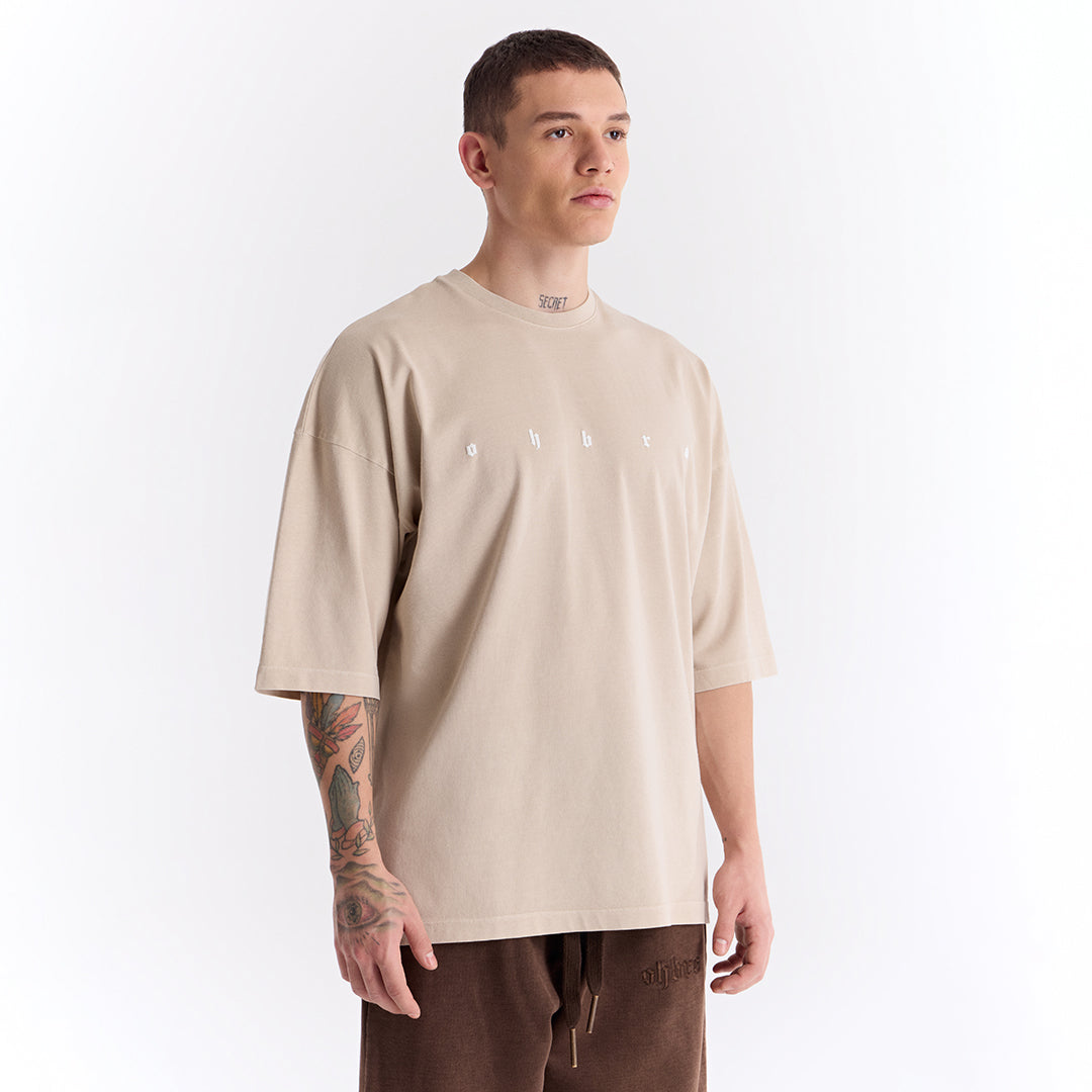 Bej Uzun Logo Super Oversize Tişört