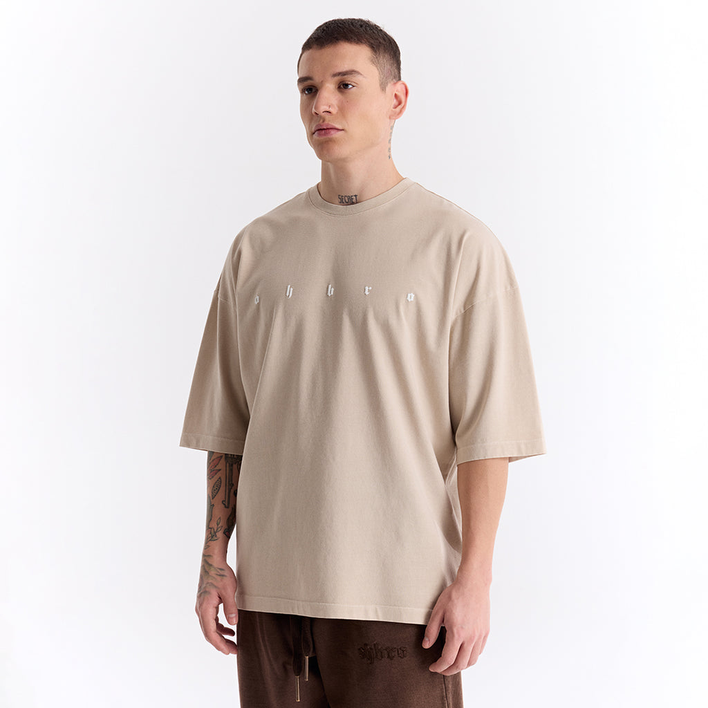Bej Uzun Logo Super Oversize Tişört