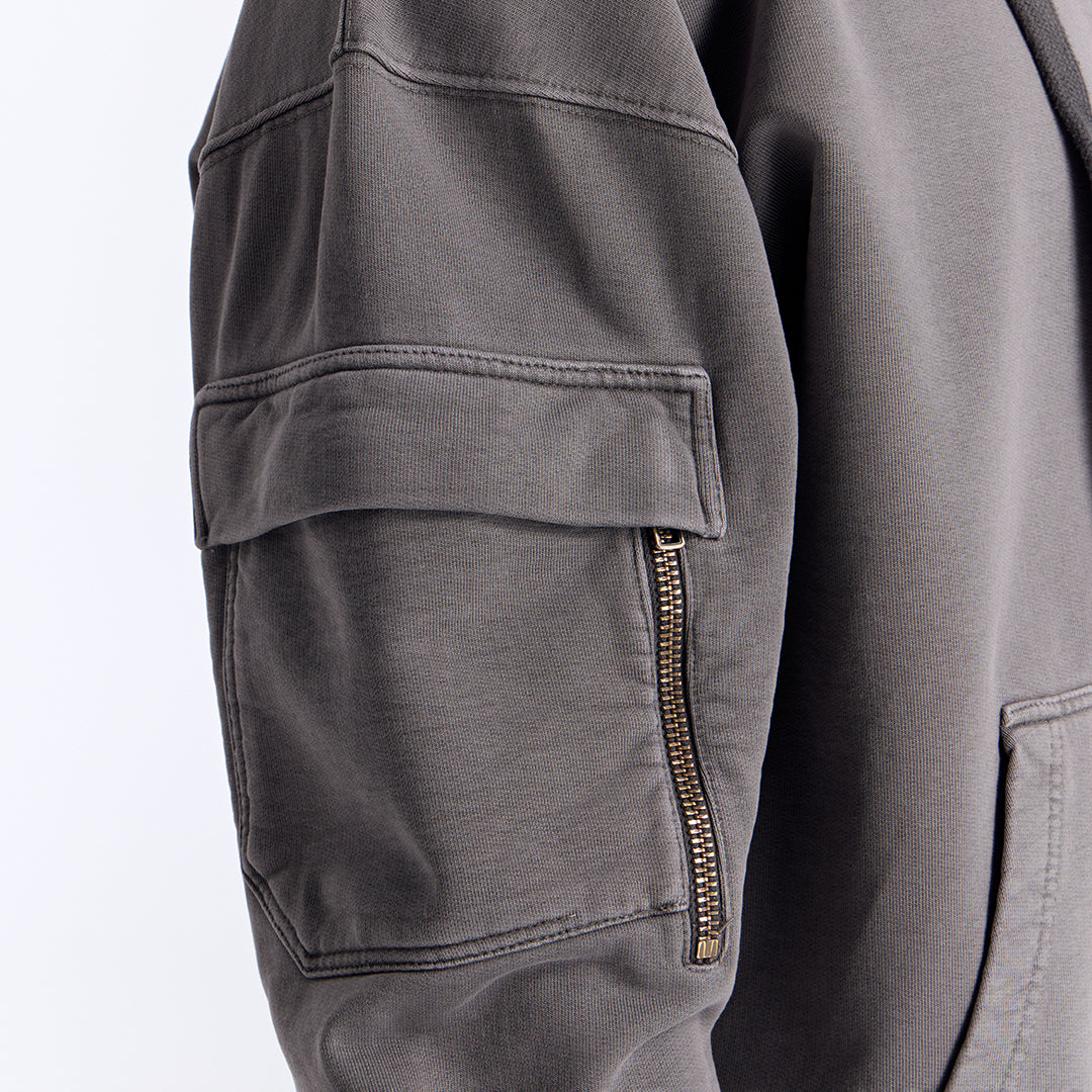 Gri Yıkamalı Kapüşonlu Fermuarlı Oversize Cep Detaylı Sweatshirt