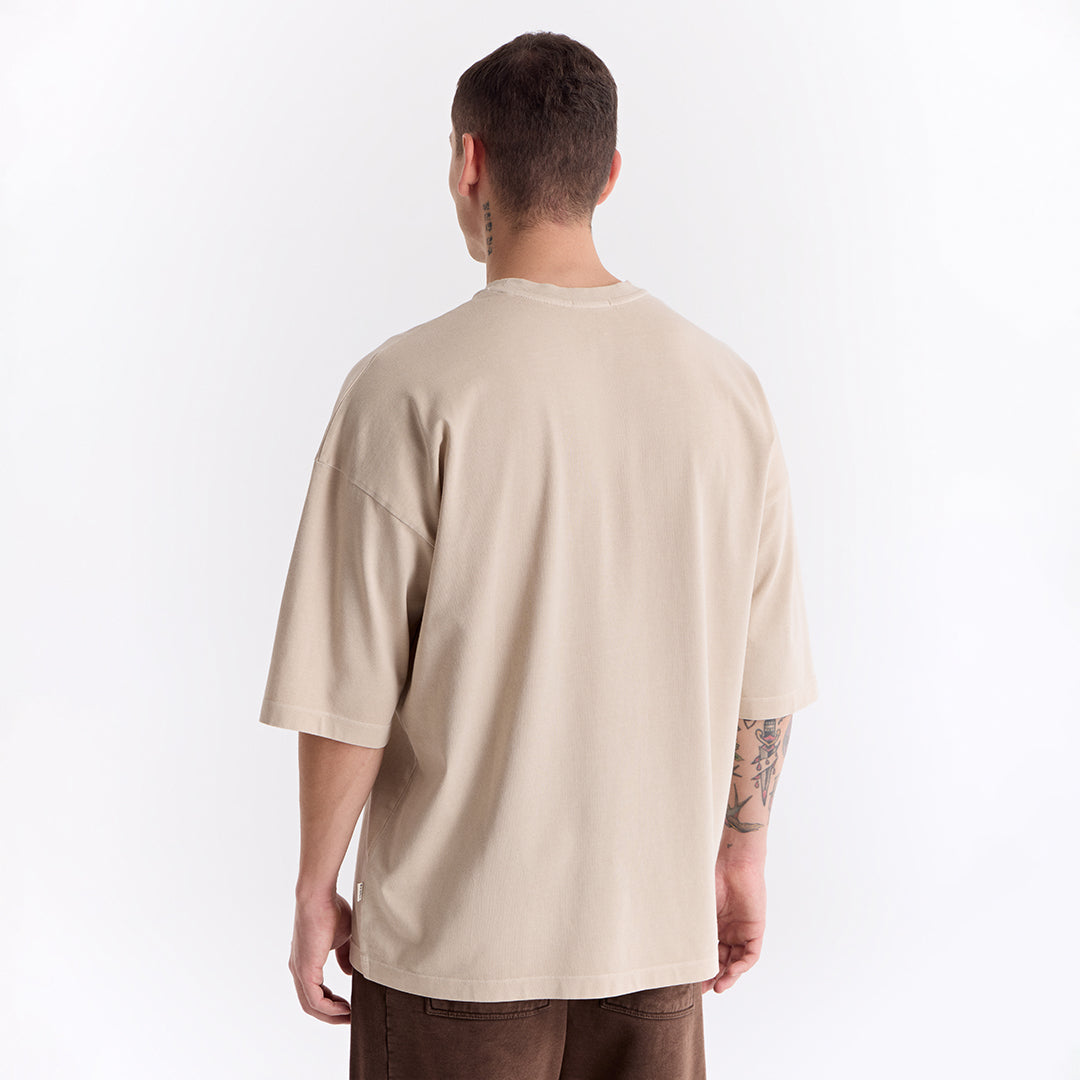 Bej Uzun Logo Super Oversize Tişört