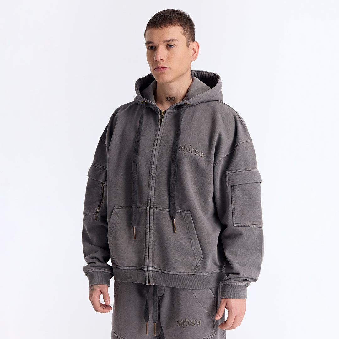 Gri Yıkamalı Kapüşonlu Fermuarlı Oversize Cep Detaylı Sweatshirt