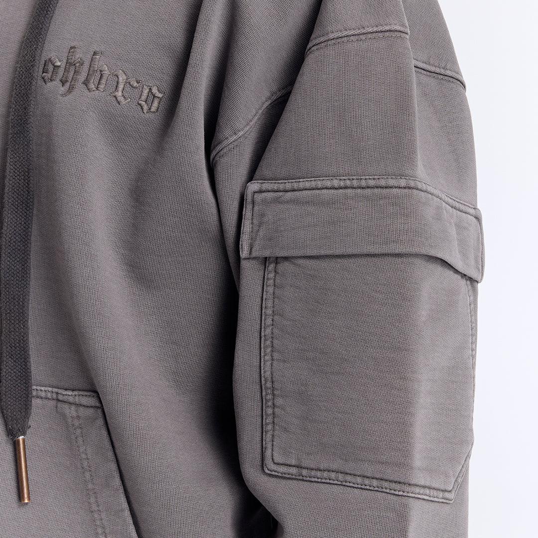 Gri Yıkamalı Kapüşonlu Fermuarlı Oversize Cep Detaylı Sweatshirt