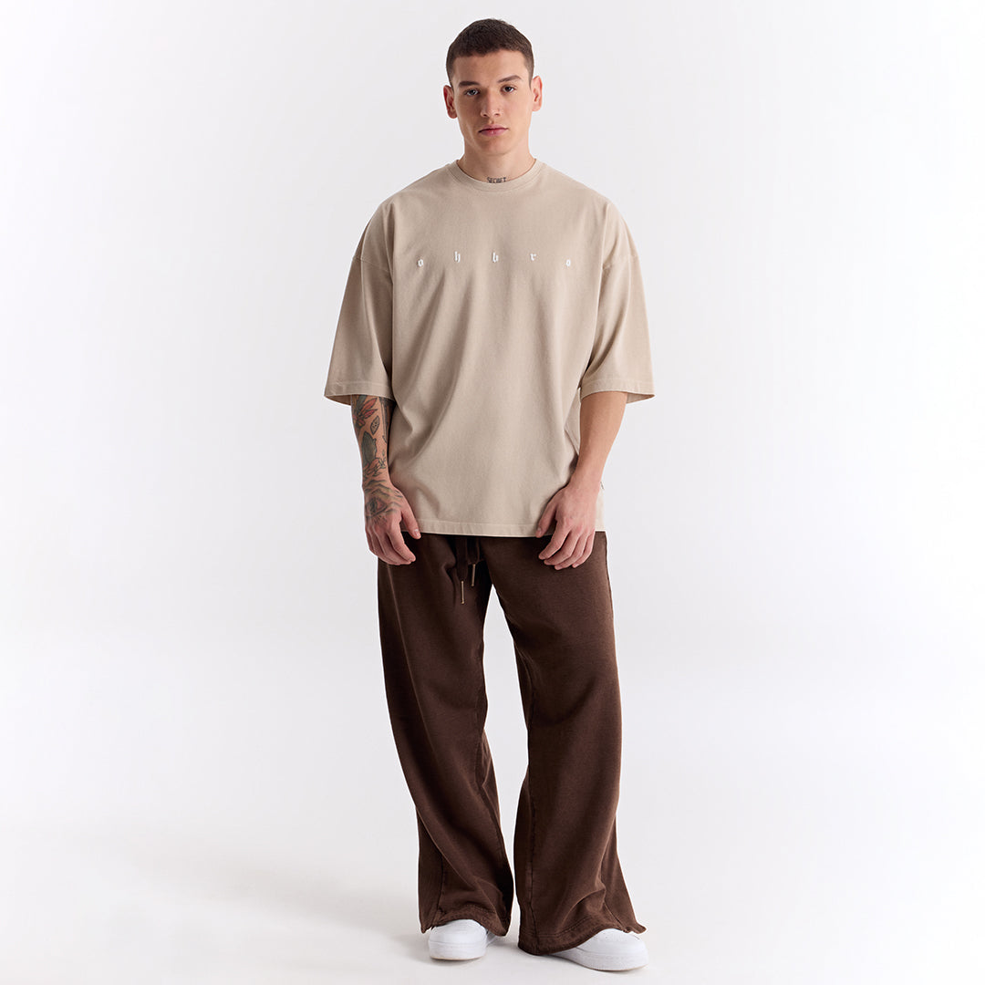 Bej Uzun Logo Super Oversize Tişört