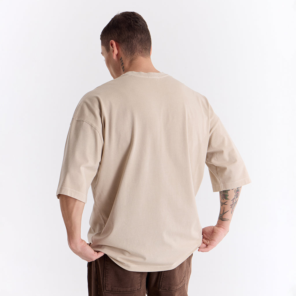 Bej Uzun Logo Super Oversize Tişört