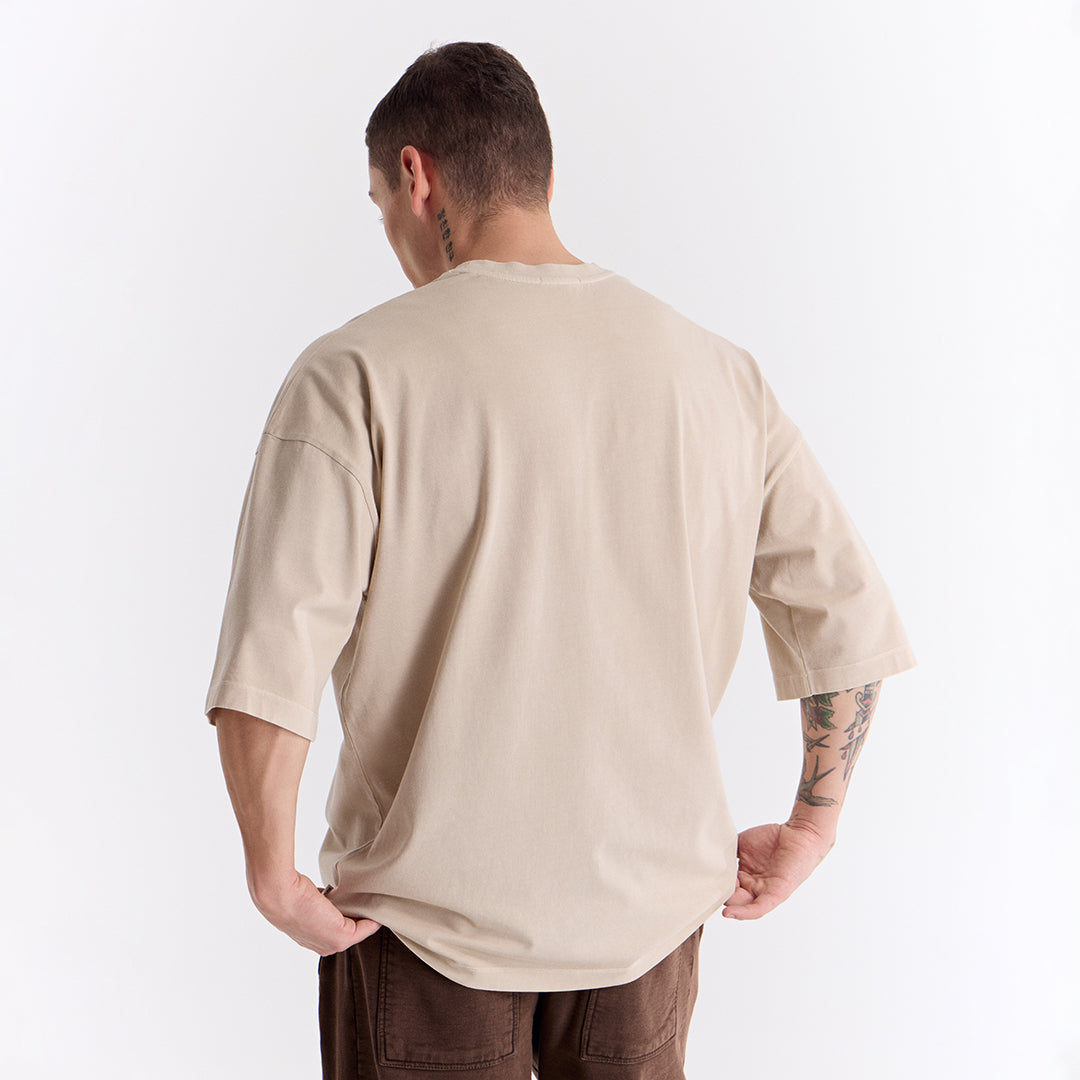 Bej Uzun Logo Super Oversize Tişört