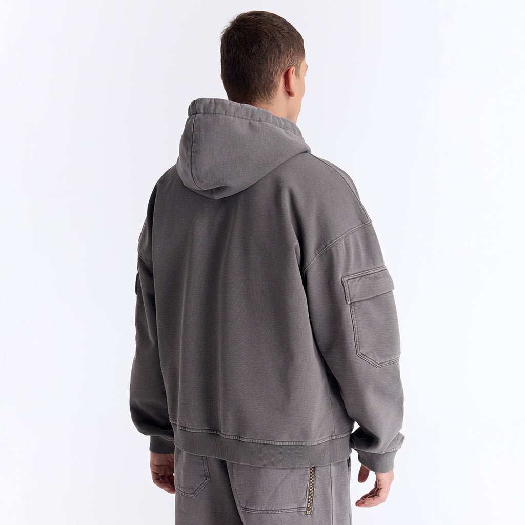 Gri Yıkamalı Kapüşonlu Fermuarlı Oversize Cep Detaylı Sweatshirt