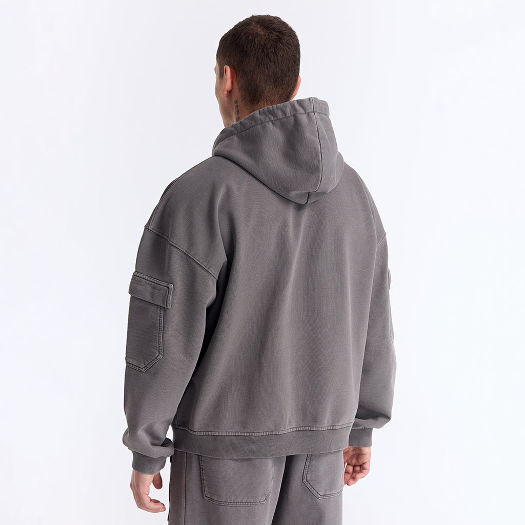 Gri Yıkamalı Kapüşonlu Fermuarlı Oversize Cep Detaylı Sweatshirt
