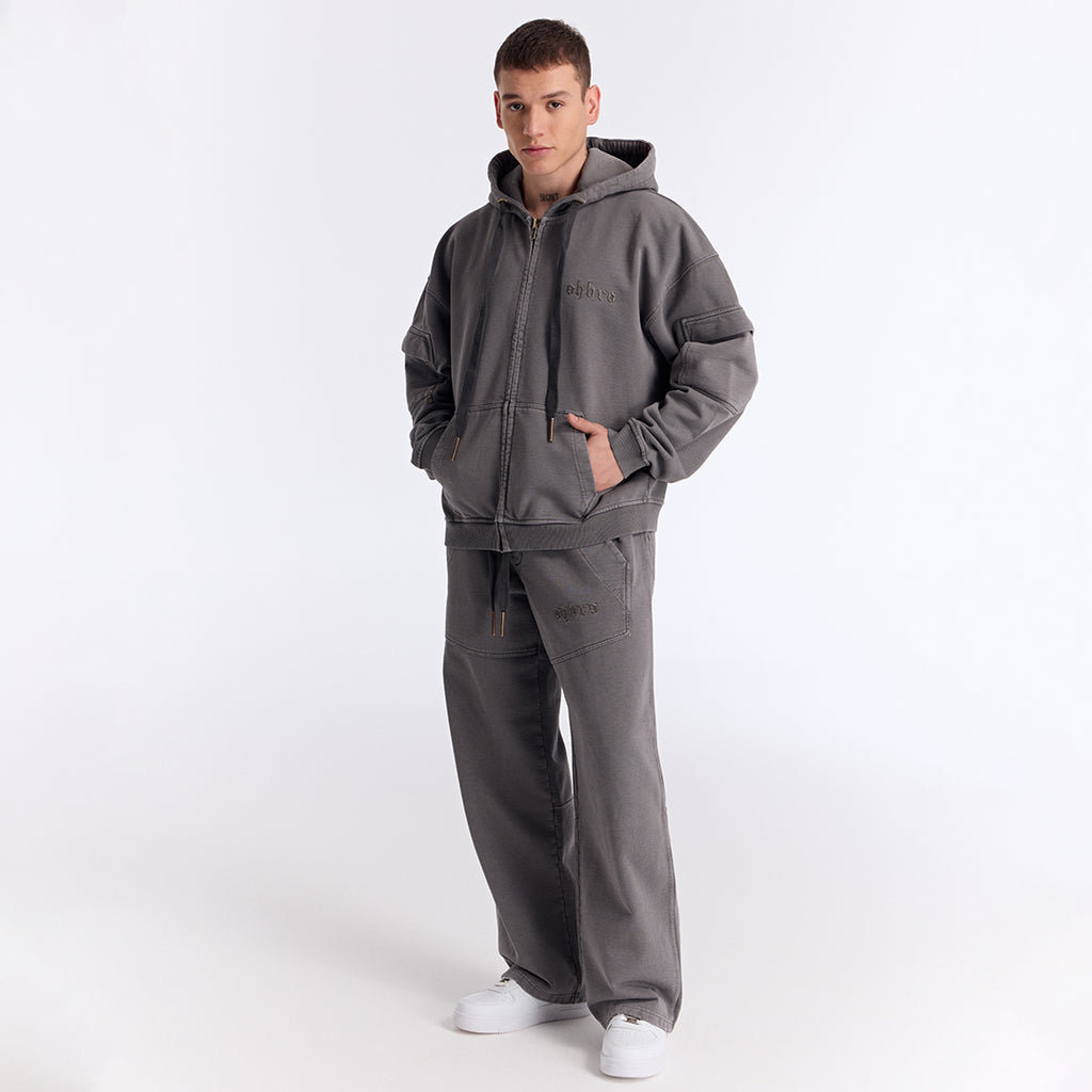 Gri Yıkamalı Kapüşonlu Fermuarlı Oversize Cep Detaylı Sweatshirt