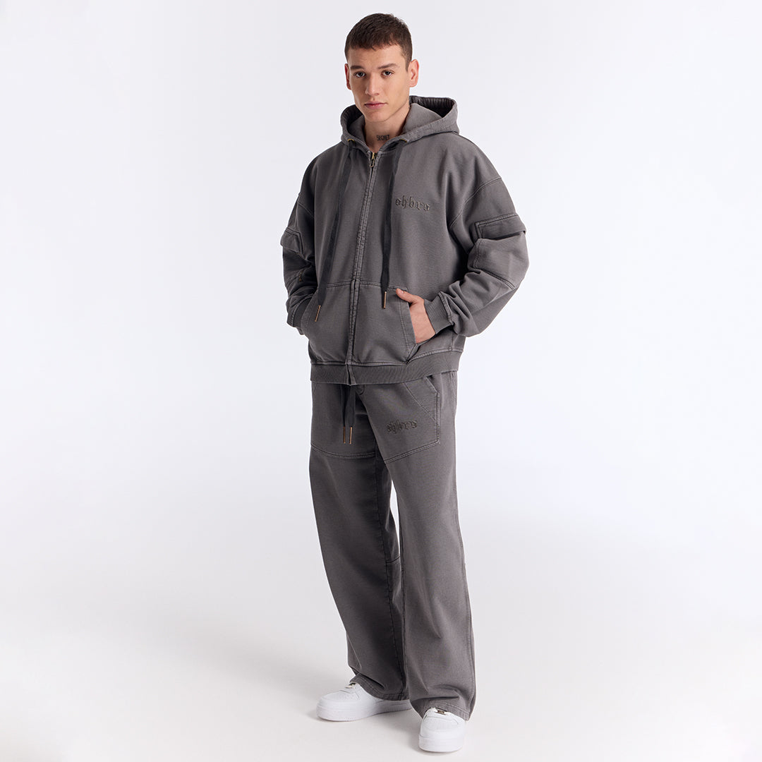 Gri Yıkamalı Kapüşonlu Fermuarlı Oversize Cep Detaylı Sweatshirt