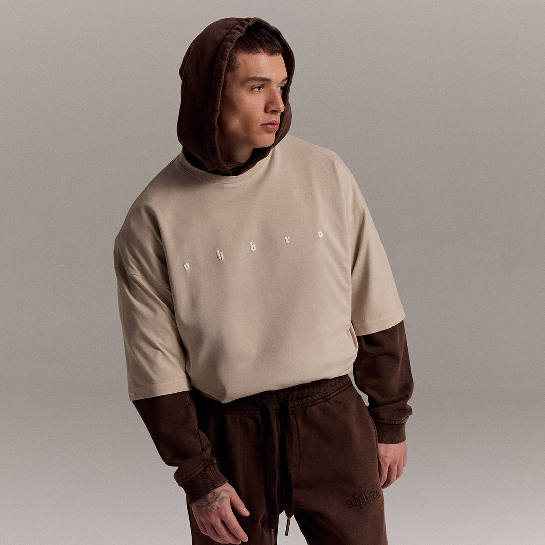 Bej Uzun Logo Super Oversize Tişört