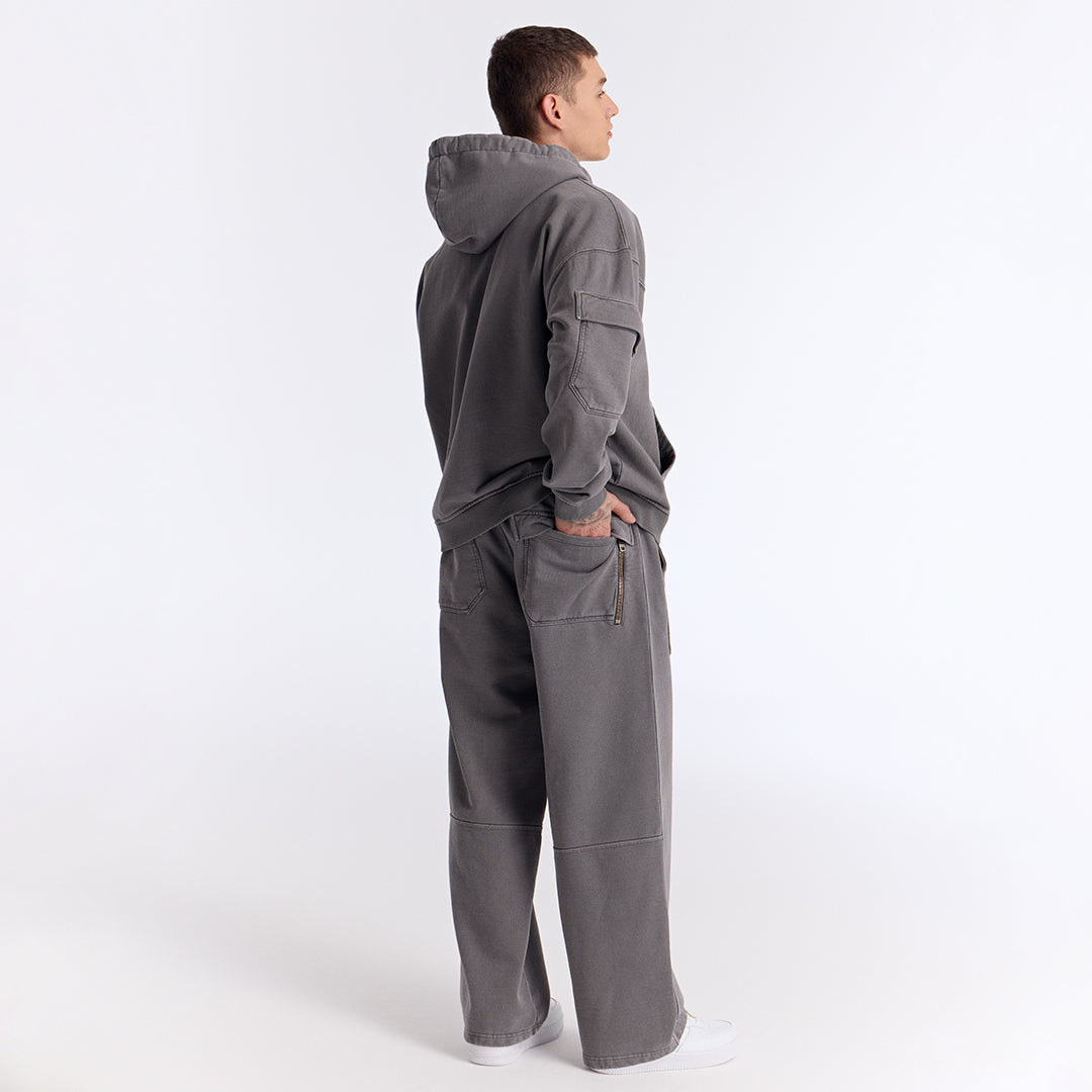 Gri Yıkamalı Kapüşonlu Fermuarlı Oversize Cep Detaylı Sweatshirt
