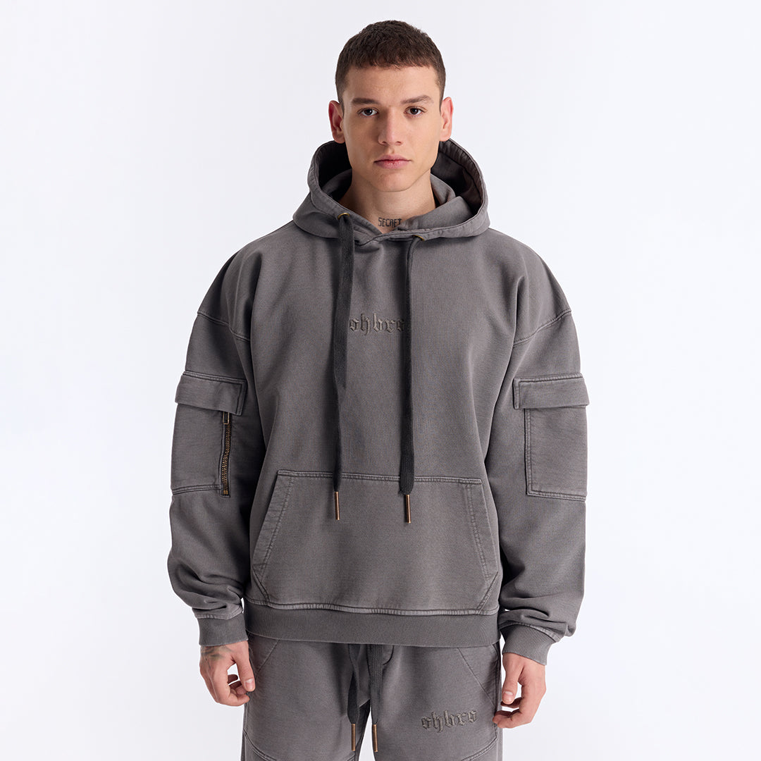 Gri Yıkamalı Kapüşonlu Oversize Cep Detaylı Sweatshirt