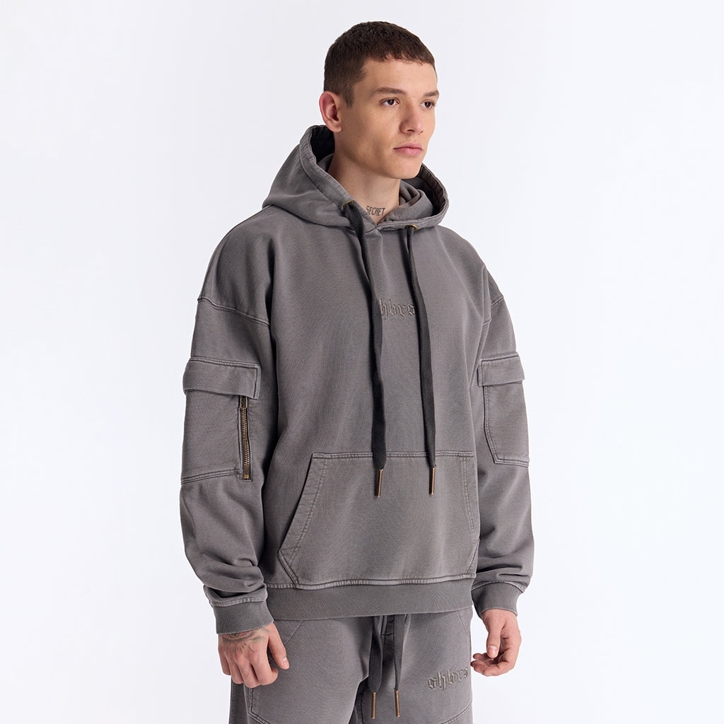 Gri Yıkamalı Kapüşonlu Oversize Cep Detaylı Sweatshirt