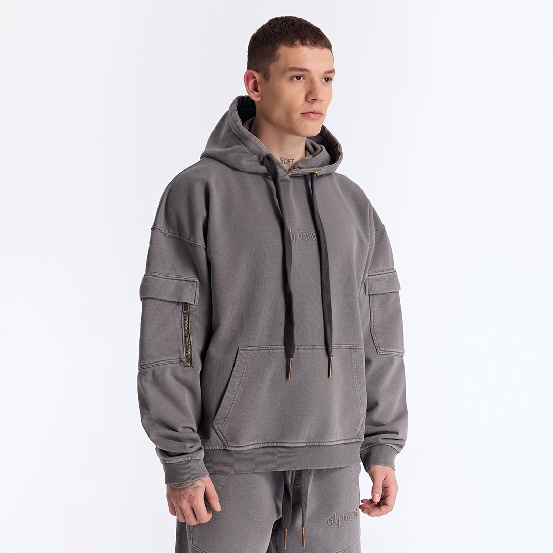 Gri Yıkamalı Kapüşonlu Oversize Cep Detaylı Sweatshirt