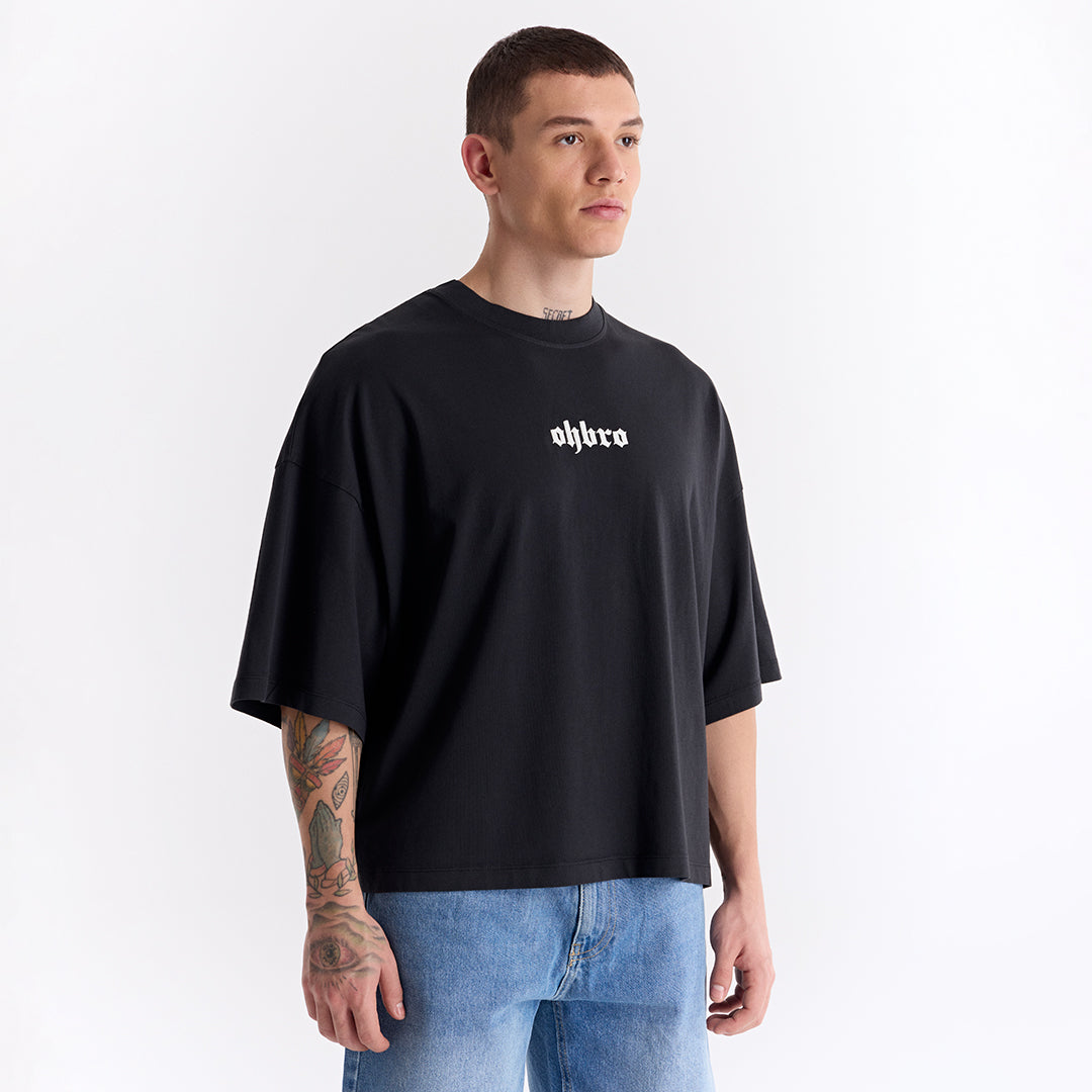 Siyah Klasik Logo Super Oversize Crop Tişört