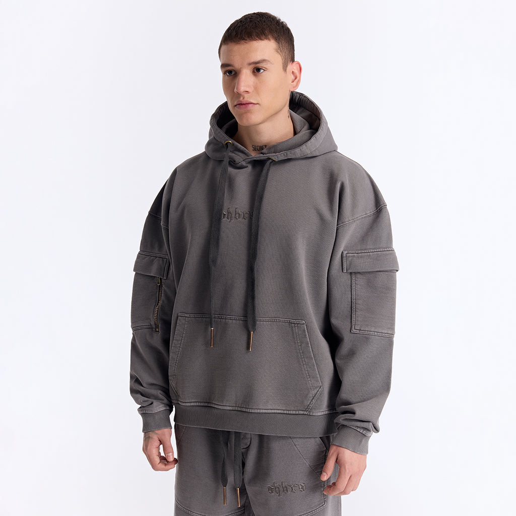 Gri Yıkamalı Kapüşonlu Oversize Cep Detaylı Sweatshirt