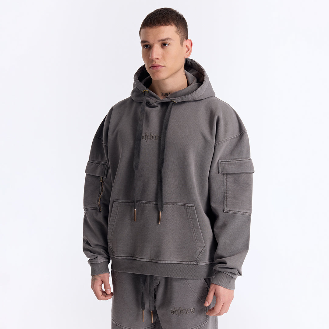Gri Yıkamalı Kapüşonlu Oversize Cep Detaylı Sweatshirt