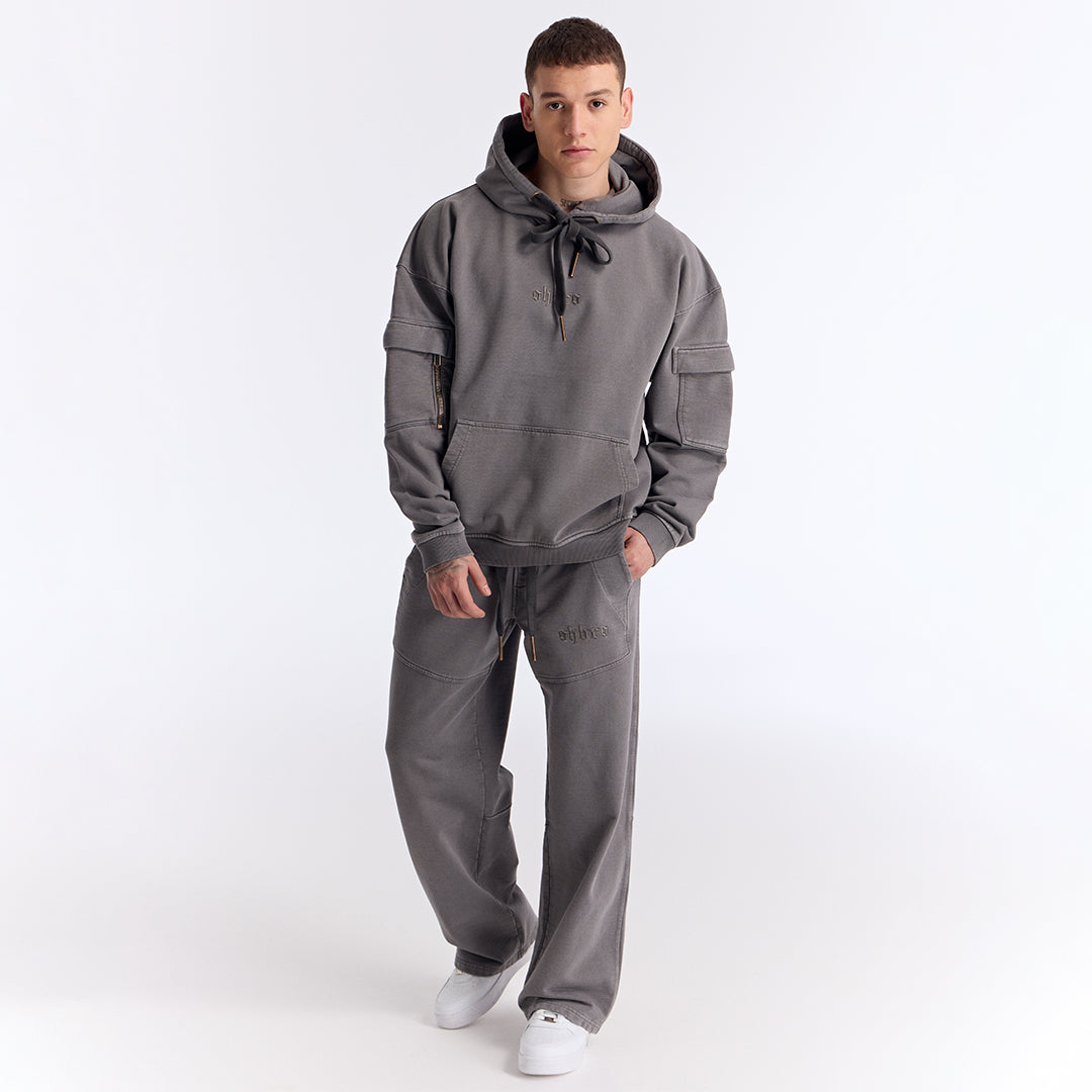 Gri Yıkamalı Kapüşonlu Oversize Cep Detaylı Sweatshirt