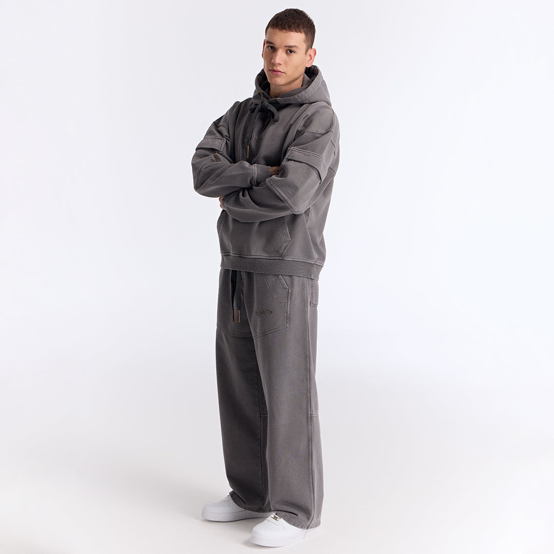 Gri Yıkamalı Kapüşonlu Oversize Cep Detaylı Sweatshirt
