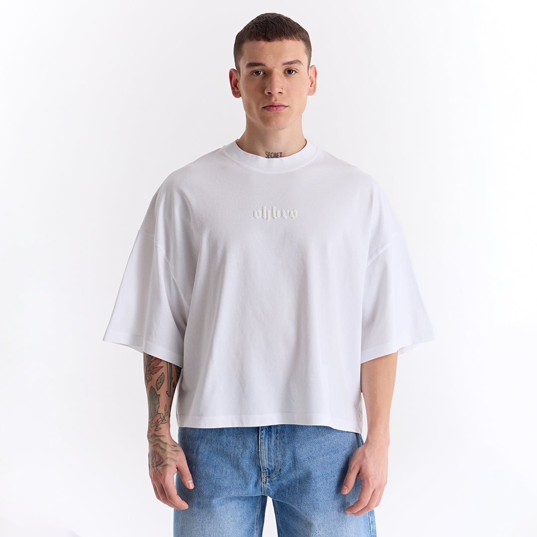 Beyaz Klasik Logo Super Oversize Crop Tişört