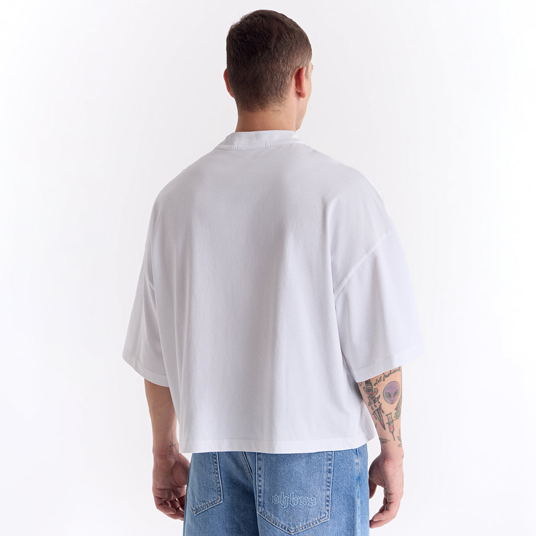 Beyaz Klasik Logo Super Oversize Crop Tişört
