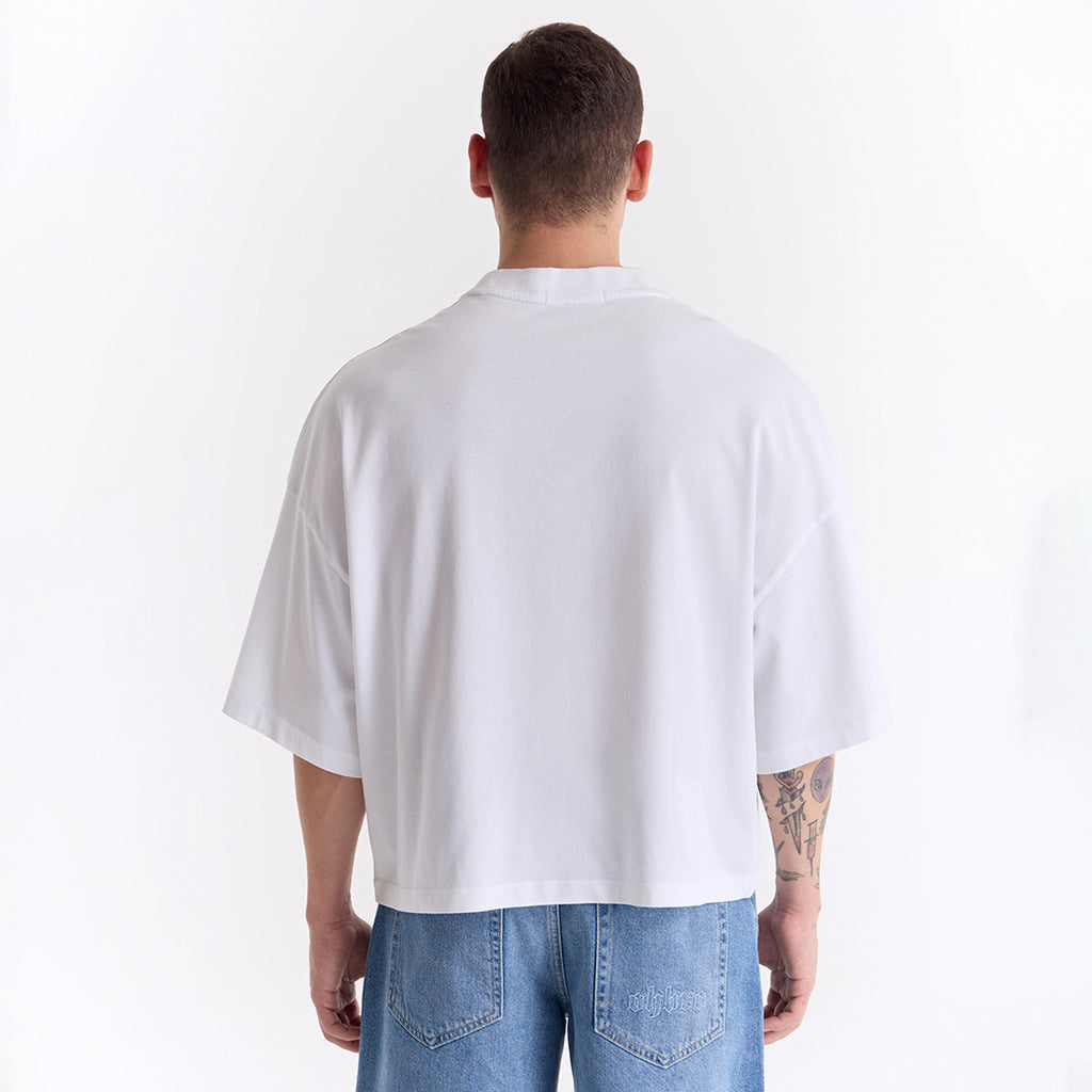 Beyaz Klasik Logo Super Oversize Crop Tişört