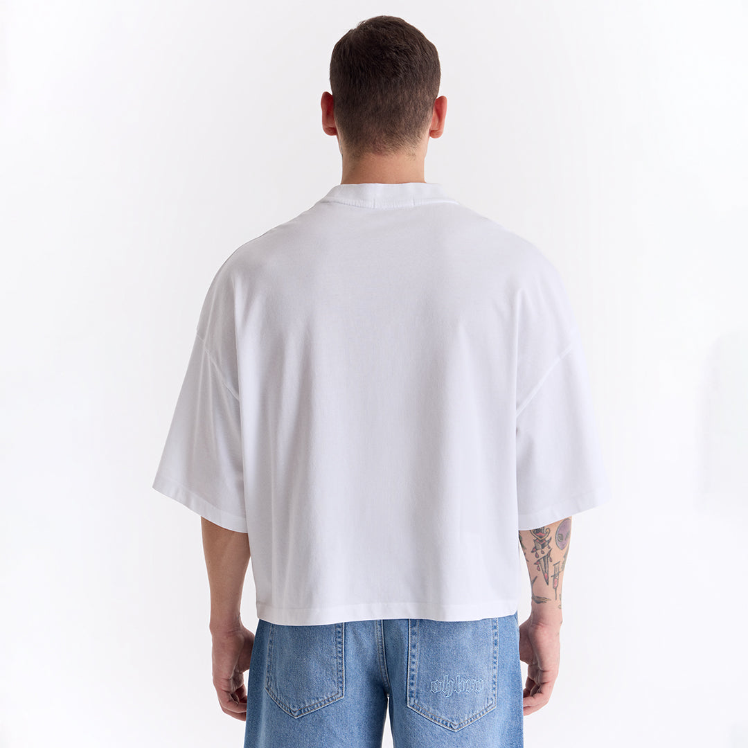 Beyaz Klasik Logo Super Oversize Crop Tişört