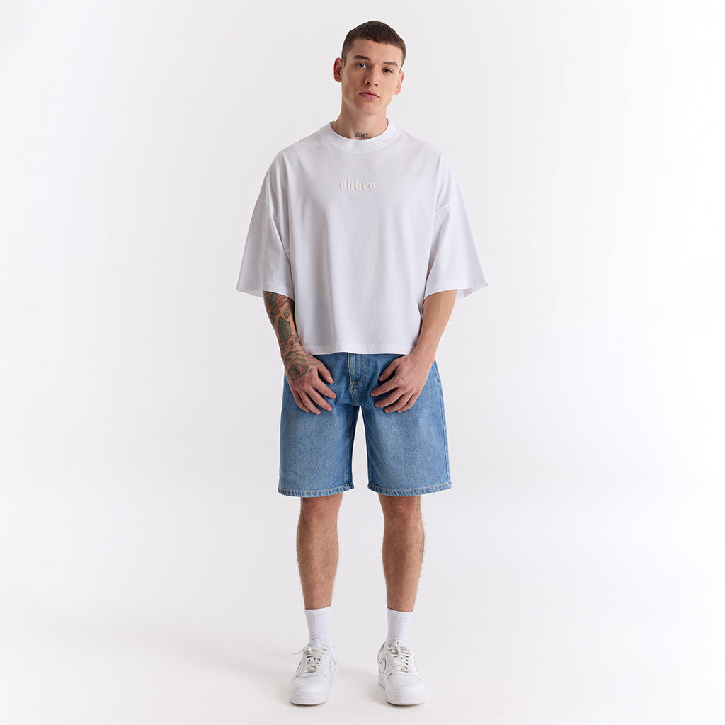 Beyaz Klasik Logo Super Oversize Crop Tişört