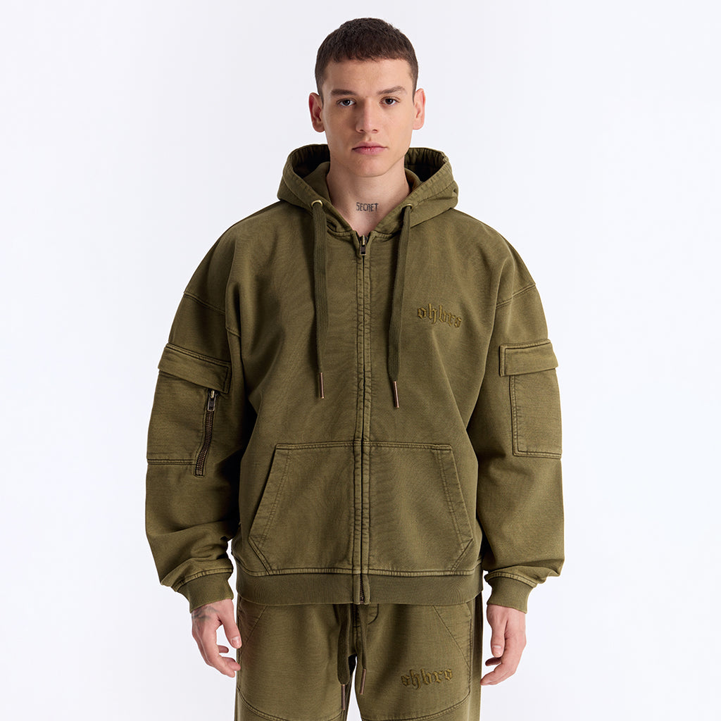 Haki Yıkamalı Kapüşonlu Fermuarlı Oversize Cep Detaylı Sweatshirt