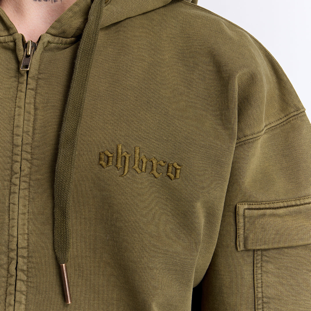 Haki Yıkamalı Kapüşonlu Fermuarlı Oversize Cep Detaylı Sweatshirt