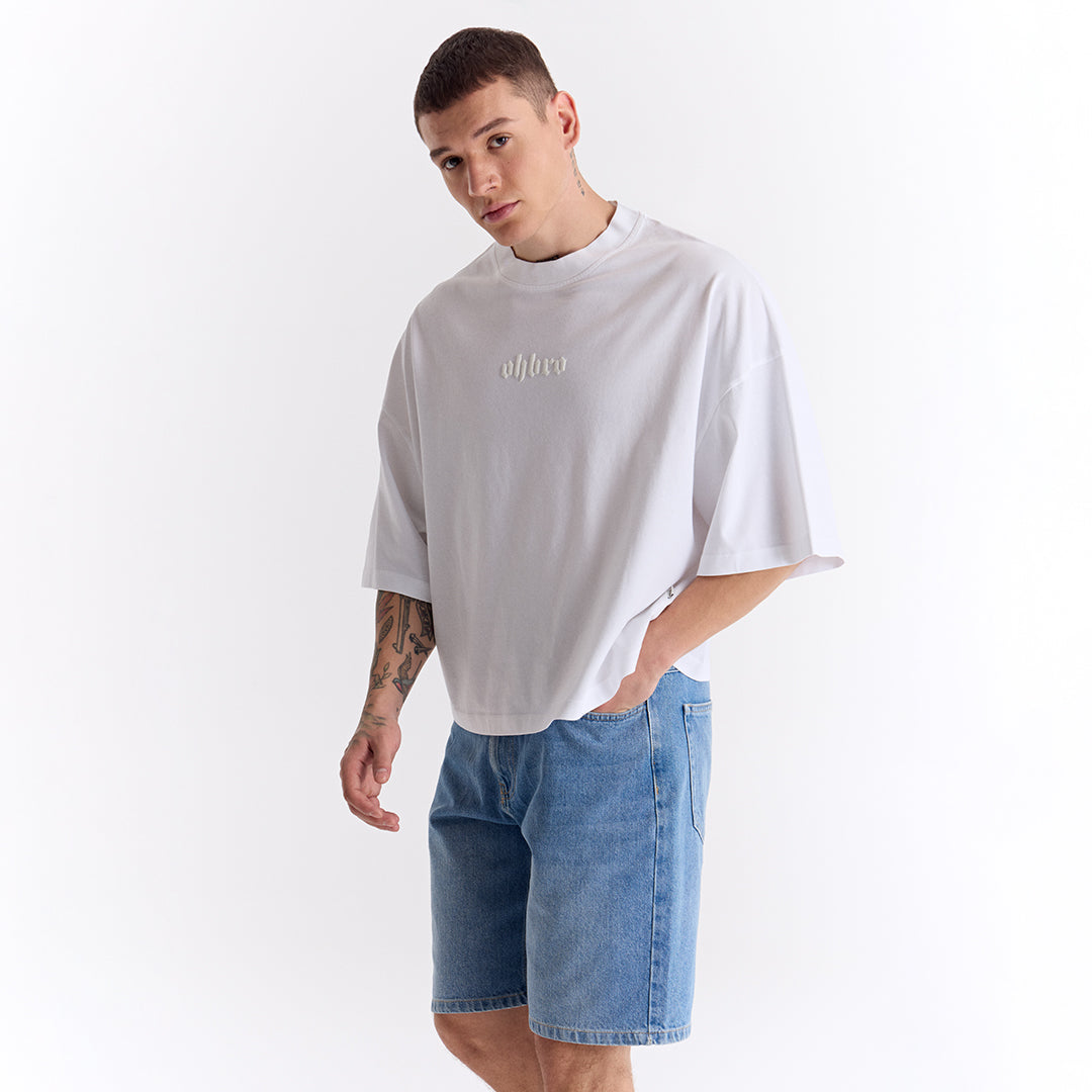 Beyaz Klasik Logo Super Oversize Crop Tişört