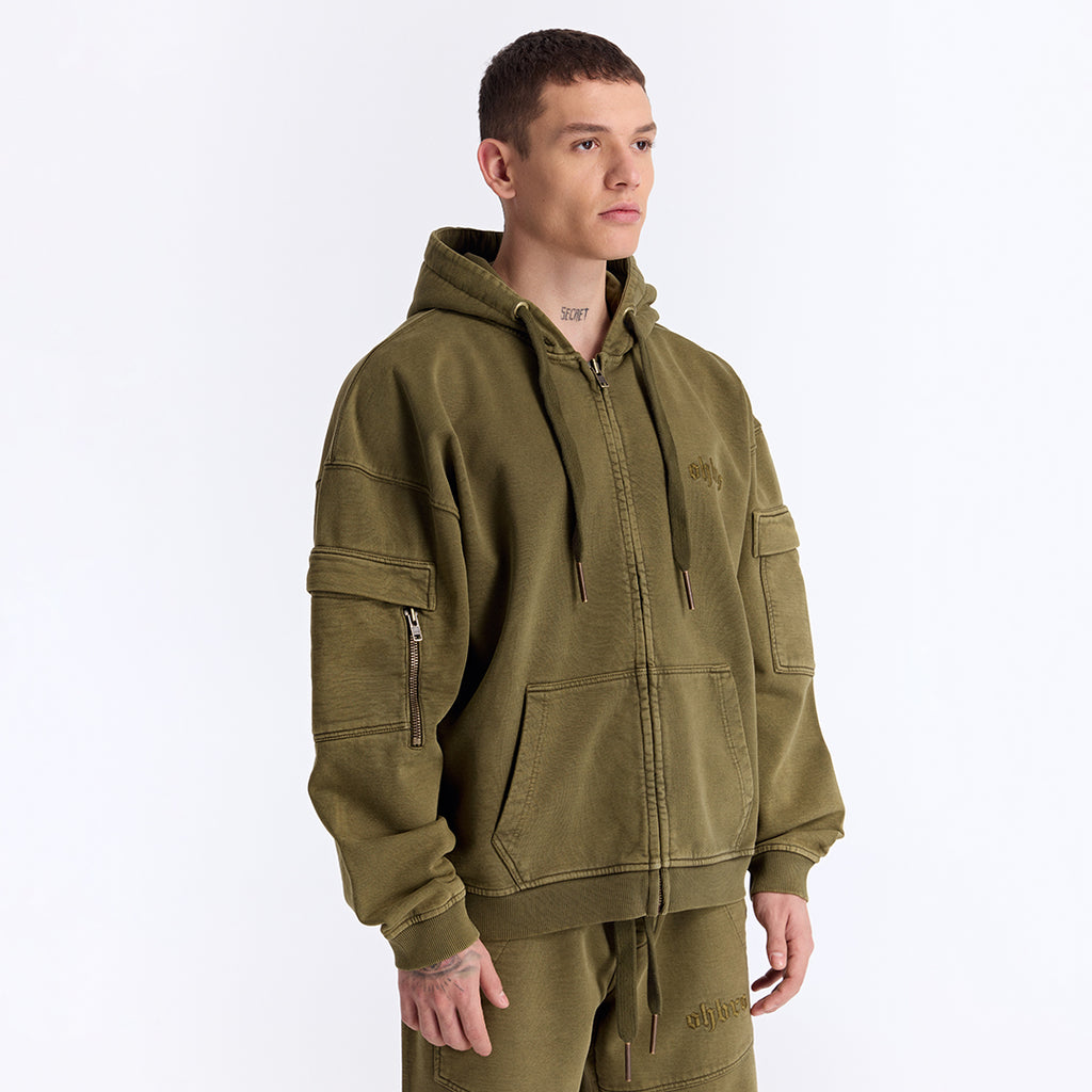 Haki Yıkamalı Kapüşonlu Fermuarlı Oversize Cep Detaylı Sweatshirt