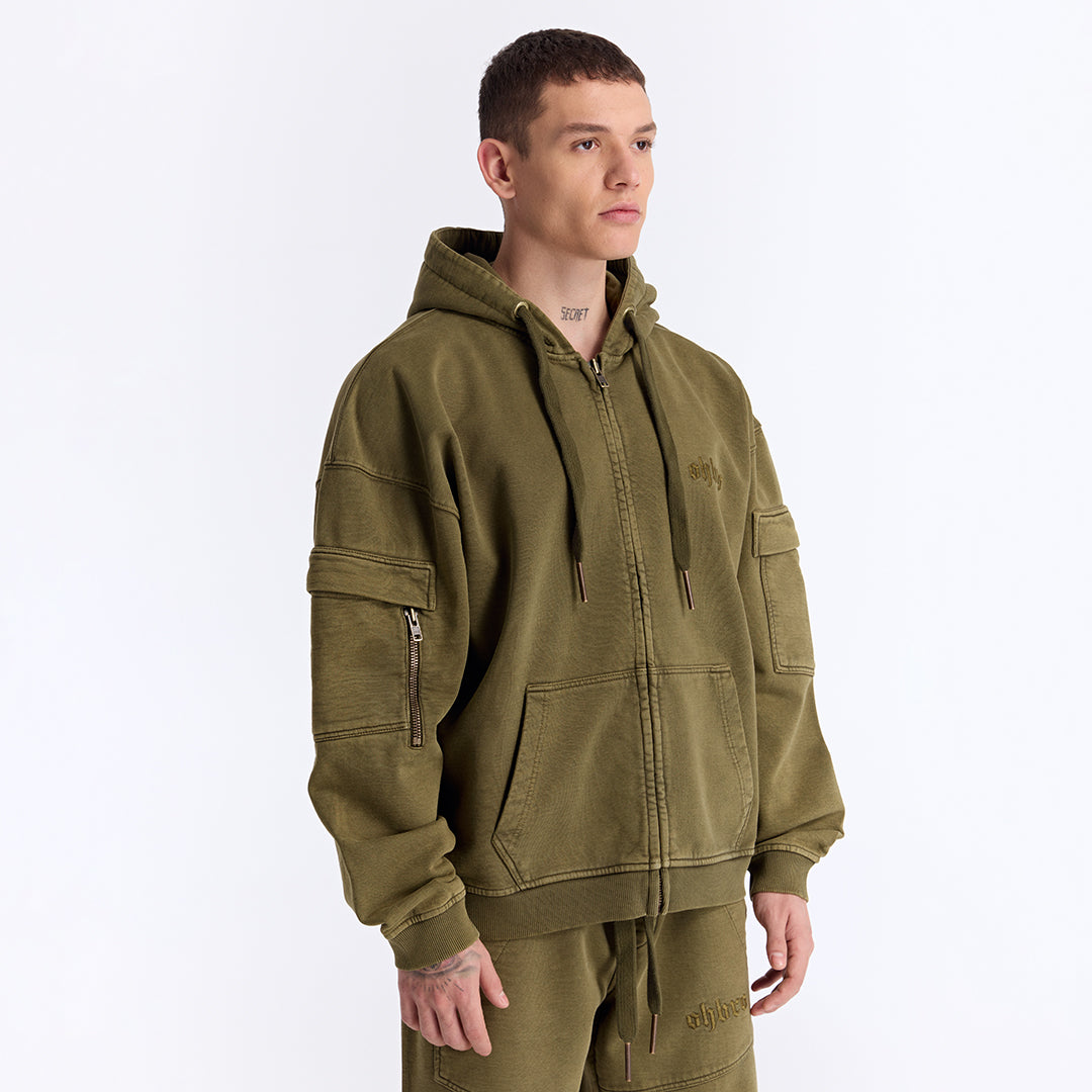 Haki Yıkamalı Kapüşonlu Fermuarlı Oversize Cep Detaylı Sweatshirt