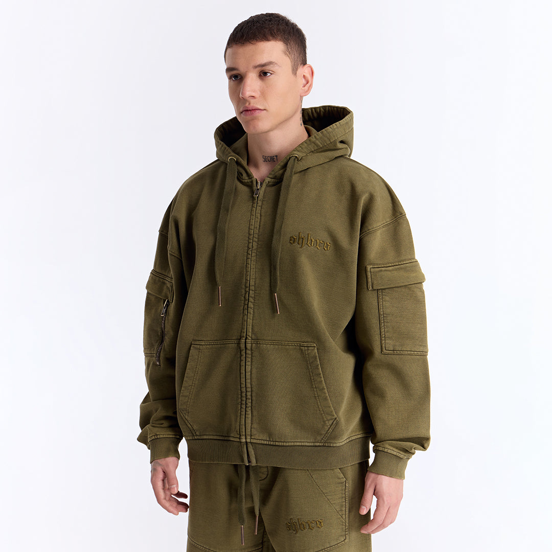 Haki Yıkamalı Kapüşonlu Fermuarlı Oversize Cep Detaylı Sweatshirt