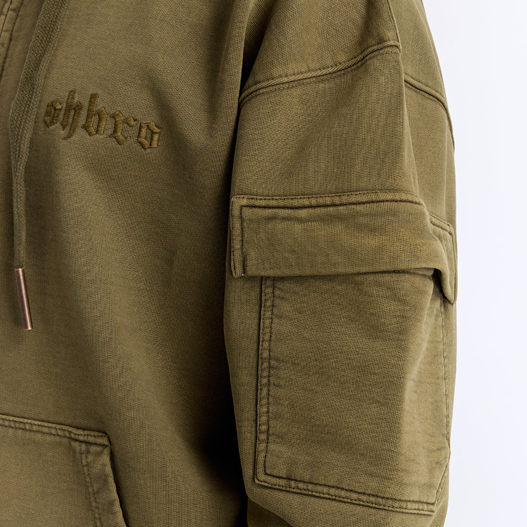 Haki Yıkamalı Kapüşonlu Fermuarlı Oversize Cep Detaylı Sweatshirt