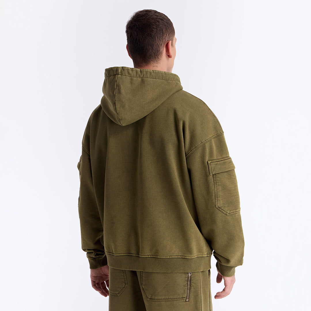 Haki Yıkamalı Kapüşonlu Fermuarlı Oversize Cep Detaylı Sweatshirt