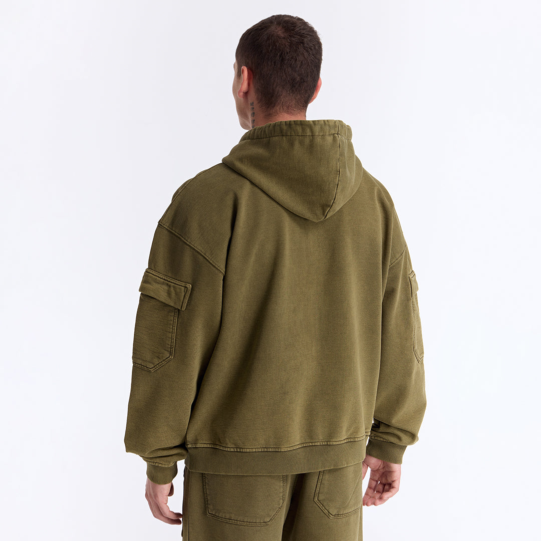 Haki Yıkamalı Kapüşonlu Fermuarlı Oversize Cep Detaylı Sweatshirt