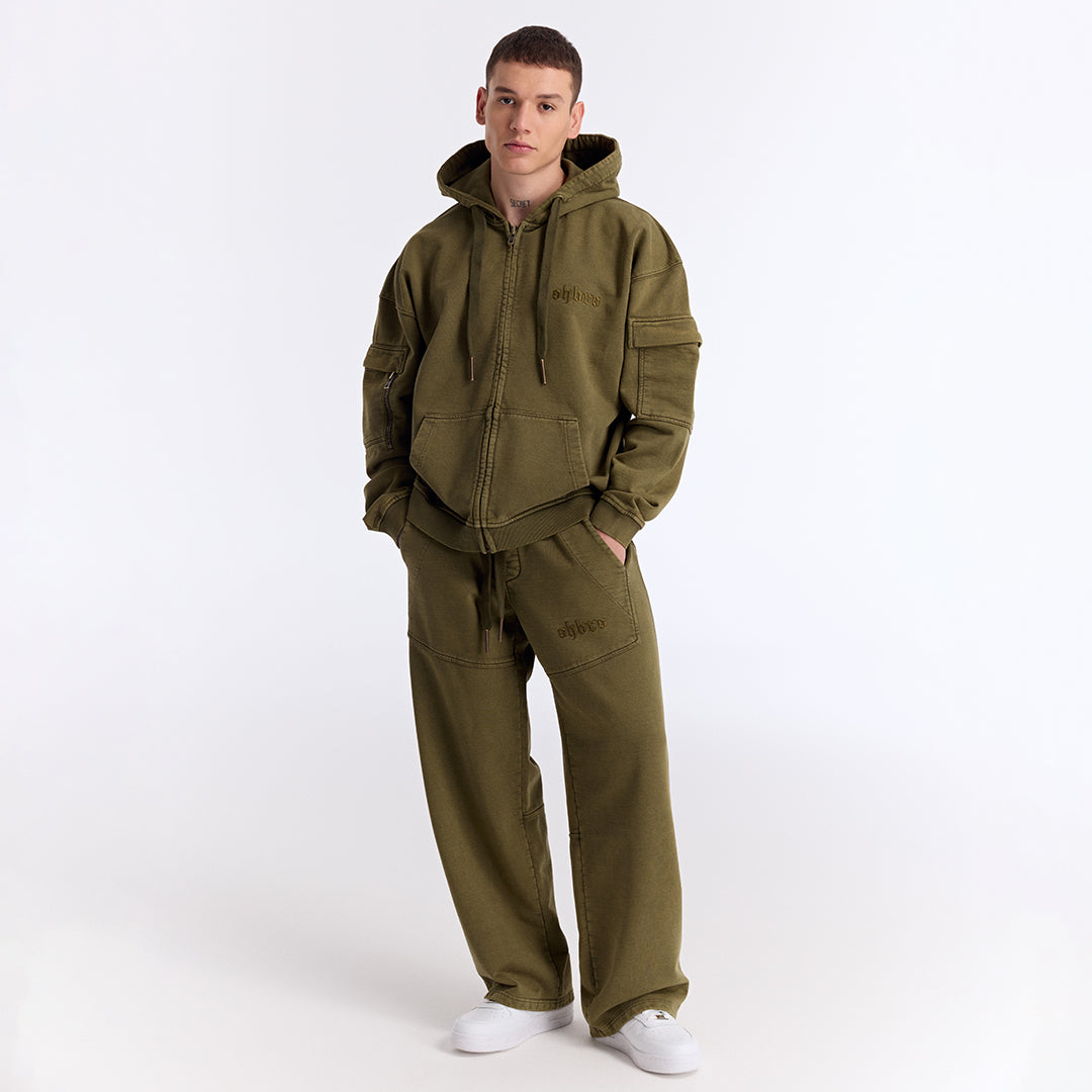 Haki Yıkamalı Kapüşonlu Fermuarlı Oversize Cep Detaylı Sweatshirt