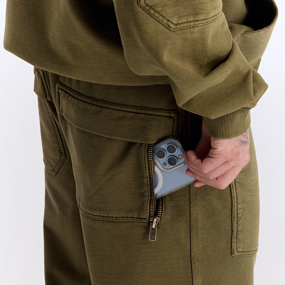 Haki Yıkamalı Kapüşonlu Fermuarlı Oversize Cep Detaylı Sweatshirt