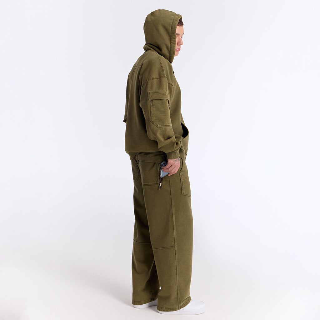 Haki Yıkamalı Kapüşonlu Fermuarlı Oversize Cep Detaylı Sweatshirt