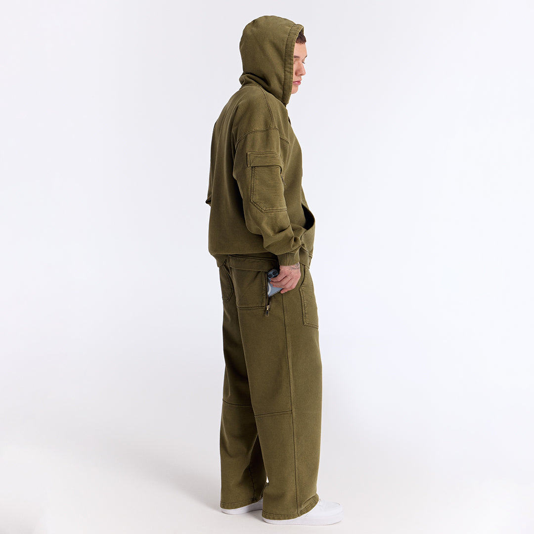 Haki Yıkamalı Kapüşonlu Fermuarlı Oversize Cep Detaylı Sweatshirt