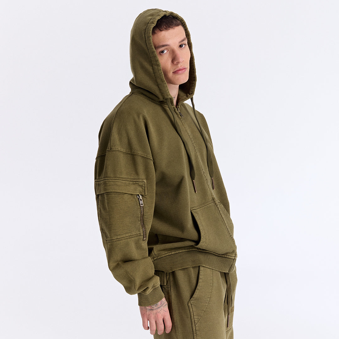 Haki Yıkamalı Kapüşonlu Fermuarlı Oversize Cep Detaylı Sweatshirt
