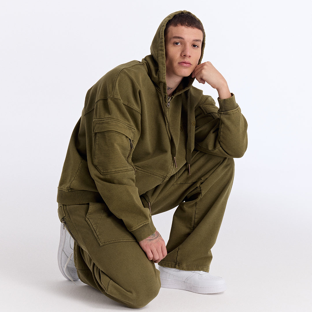 Haki Yıkamalı Kapüşonlu Fermuarlı Oversize Cep Detaylı Sweatshirt