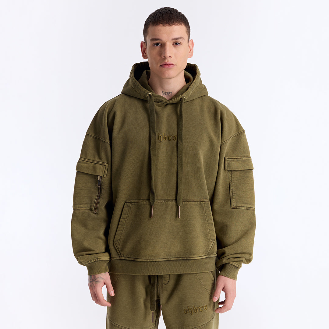 Haki Yıkamalı Kapüşonlu Oversize Cep Detaylı Sweatshirt