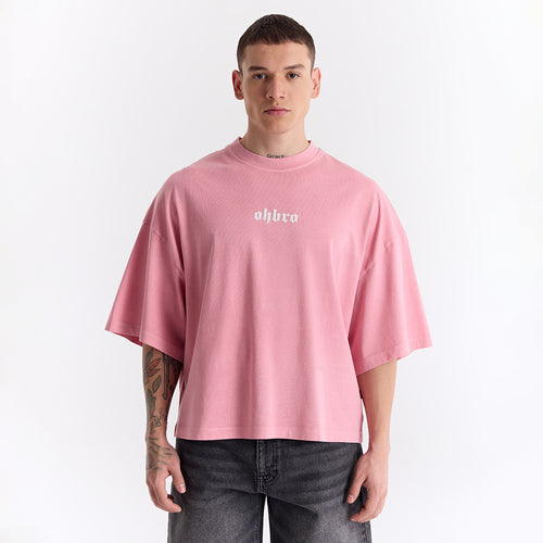 Açık Pembe Klasik Logo Super Oversize Crop Tişört