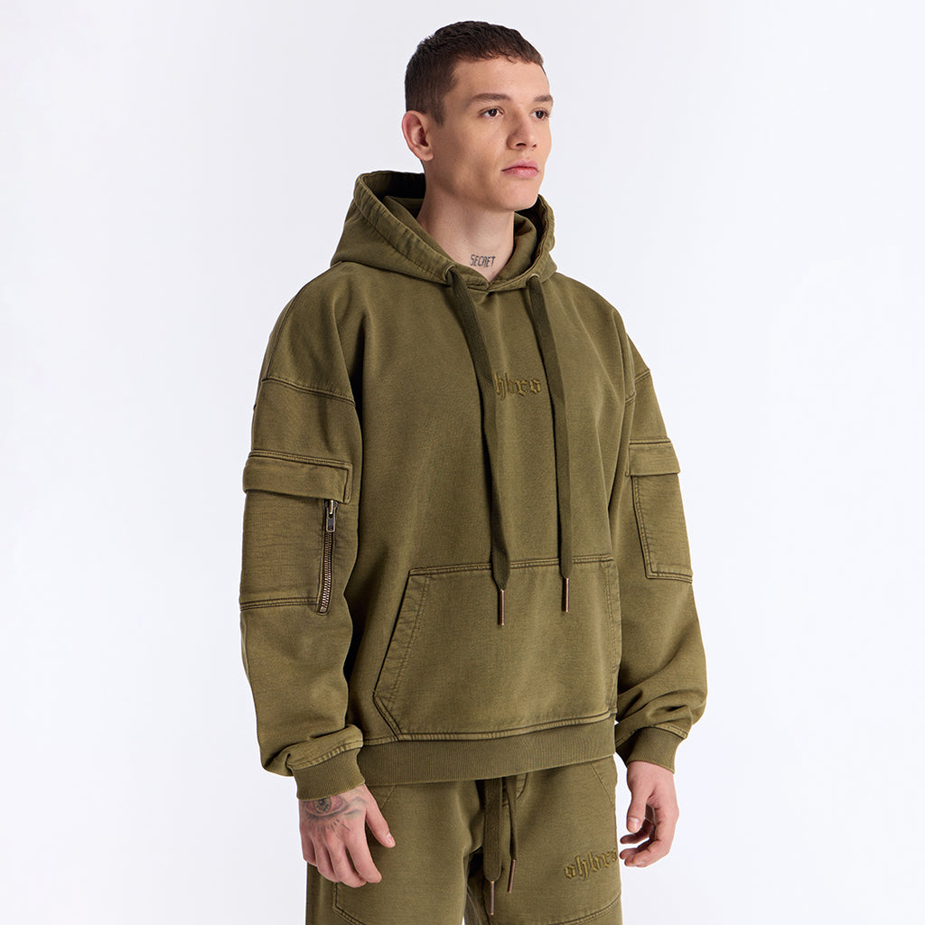 Haki Yıkamalı Kapüşonlu Oversize Cep Detaylı Sweatshirt