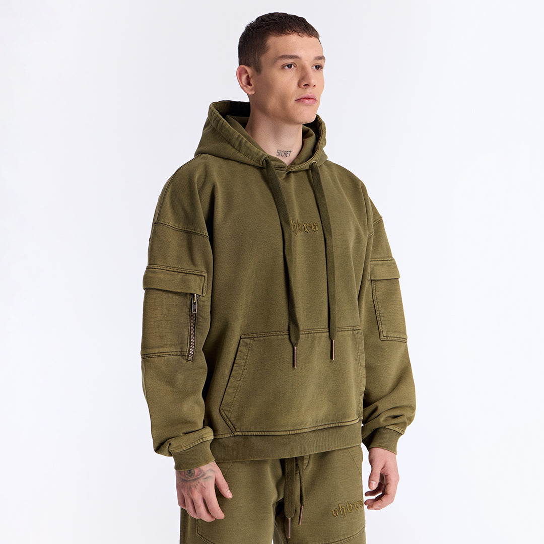 Haki Yıkamalı Kapüşonlu Oversize Cep Detaylı Sweatshirt