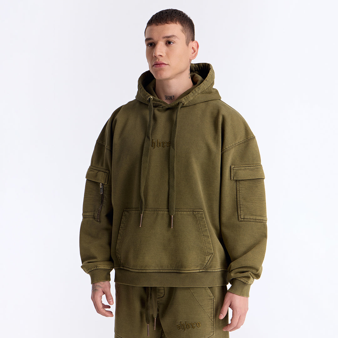 Haki Yıkamalı Kapüşonlu Oversize Cep Detaylı Sweatshirt